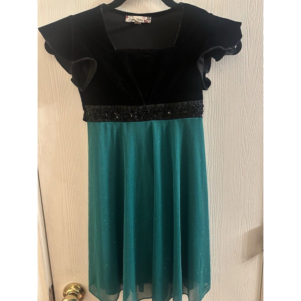 Girls Speechless Green Black Velvet Top Sparkle Christmas Dress Size 7